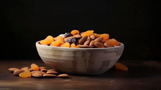 Une photo d'un mélange d'abricots séchés et d'amandes