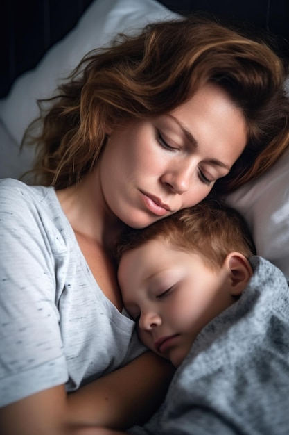 Photo d'une mère aimante embrassant son fils pendant qu'il dort créé avec une IA générative