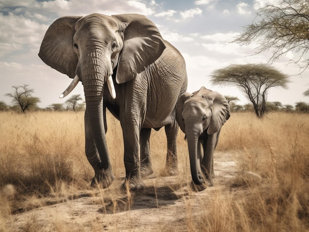 Une photo d'une mère et d'un bébé éléphant marchant dans la savane.