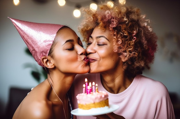 Photo une photo d'une mère et d'une fille célébrant son anniversaire à la maison créée avec l'ia générative