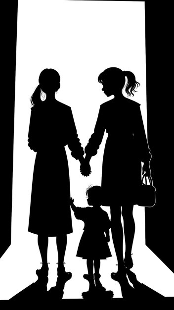 Photo photo d'une mère et d'une fille se tenant par la main dans une silhouette en noir et blanc