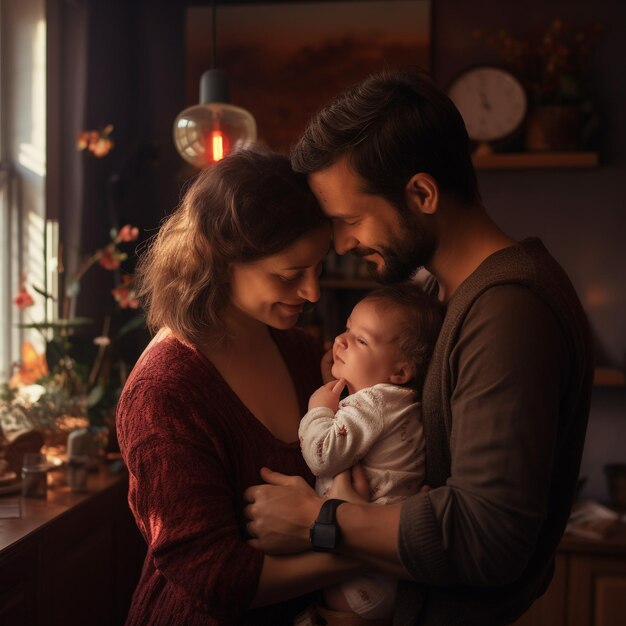 photo d'une mère et d'un père avec un bébé à la maison