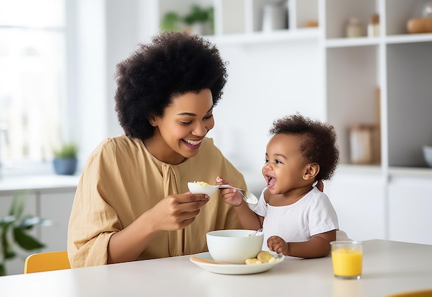 Photo d'une mère qui nourrit son bébé en mangeant des aliments sains