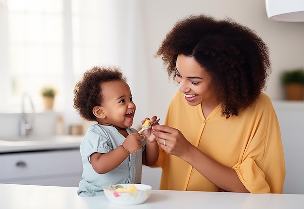 Photo d'une mère qui nourrit son bébé en mangeant des aliments sains