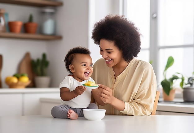 Photo d'une mère qui nourrit son bébé en mangeant des aliments sains