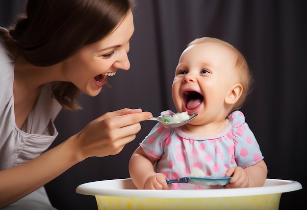 Photo d'une mère qui nourrit son bébé en mangeant des aliments sains