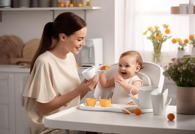 Photo d'une mère qui nourrit son bébé en mangeant des aliments sains