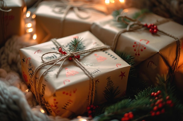 Une photo mettant en vedette une collection de cadeaux magnifiquement emballés disposés soigneusement sur une table Une pile de cadeaux de Noël magnifiquement enveloppés générée par l'IA