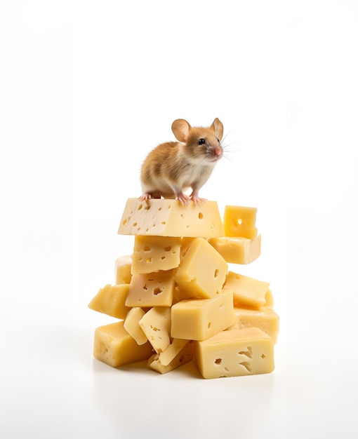 Photo d'une mice mignonne sur une énorme pile de fromage