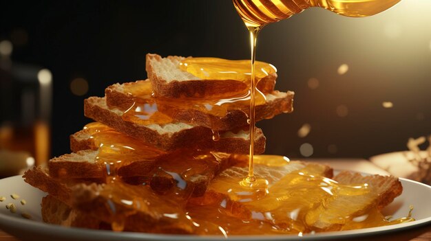 Une photo de miel arrosant une assiette de fromage et de miel