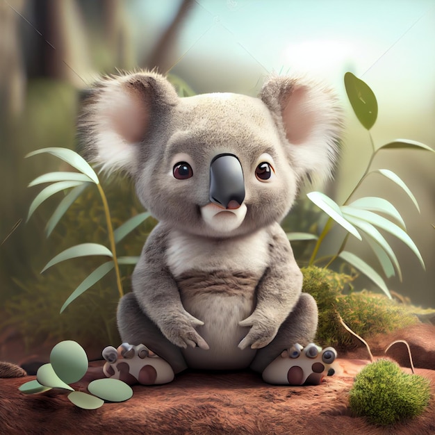 Photo mignon bébé koala dans l'habitat naturel animal australien rendu 3d illustration de dessin animé