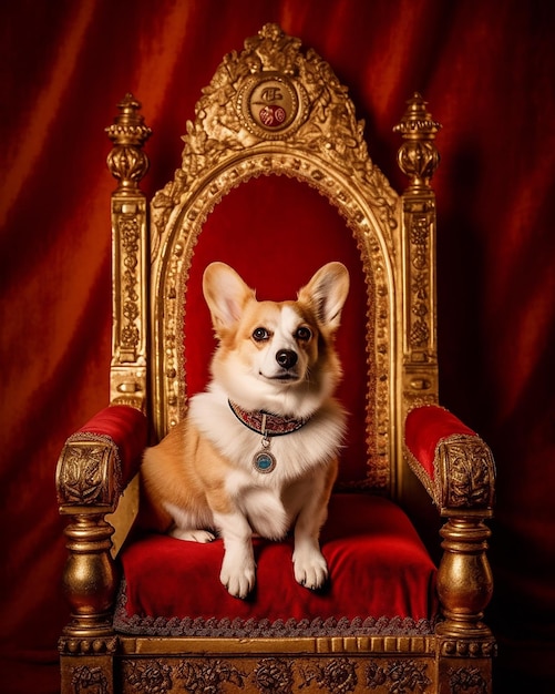 Une photo d'un mignon corgi assis sur le trône.