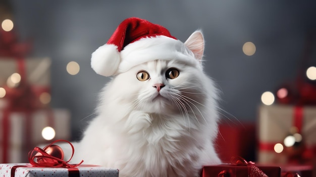 Photo une photo d'un mignon et heureux chat angora turc souriant portant un costume de père noël