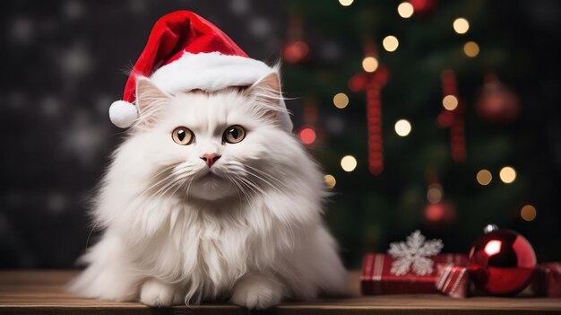 une photo d'un mignon et heureux chat angora turc souriant portant un costume de Père Noël