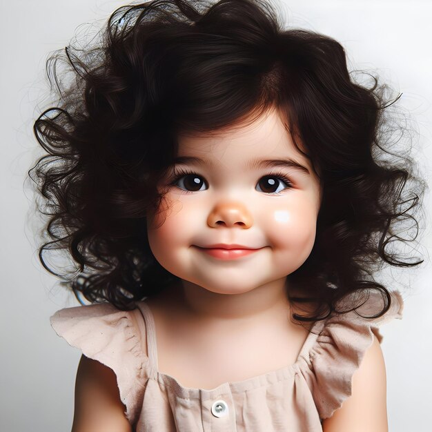 Une photo d'une mignonne petite fille aux cheveux bouclés noirs isolée sur un fond blanc