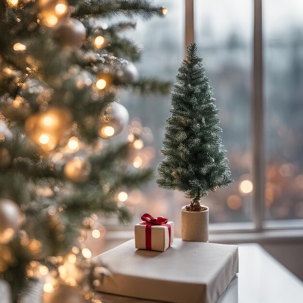 Photo d'un mini arbre de Noël avec des ornements et des cadeaux en dessous