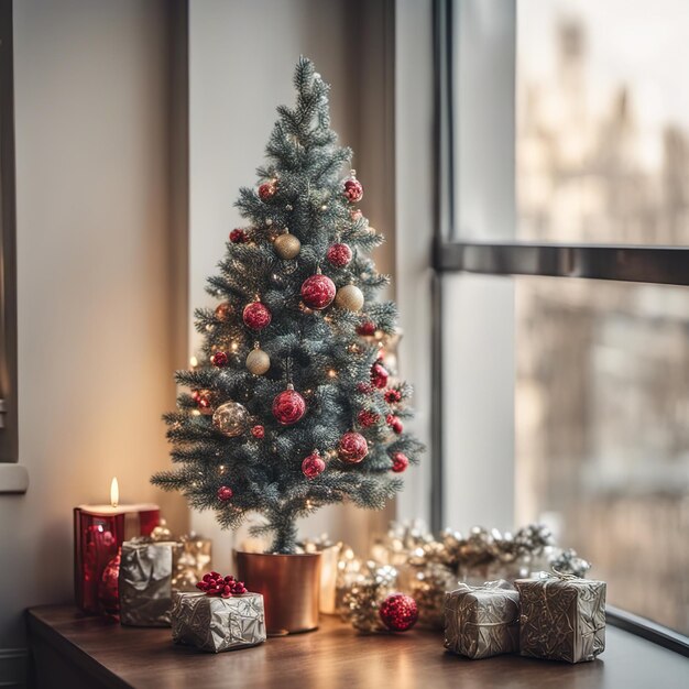 Photo d'un mini arbre de Noël avec des ornements et des cadeaux en dessous