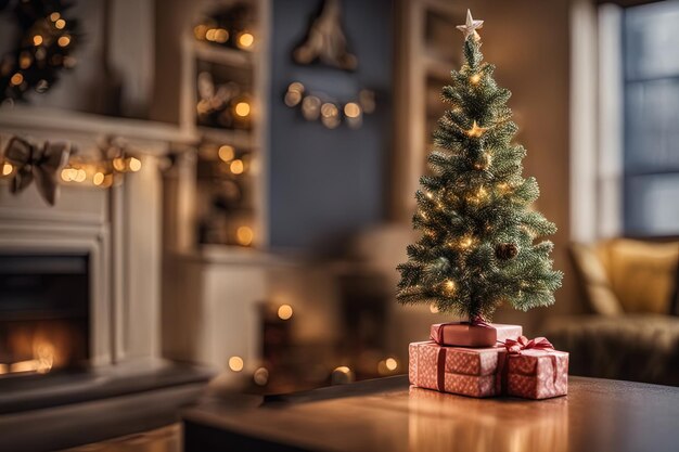 Photo d'un mini arbre de Noël avec des ornements dans le salon pour la bannière ou l'affiche de fond de Noël