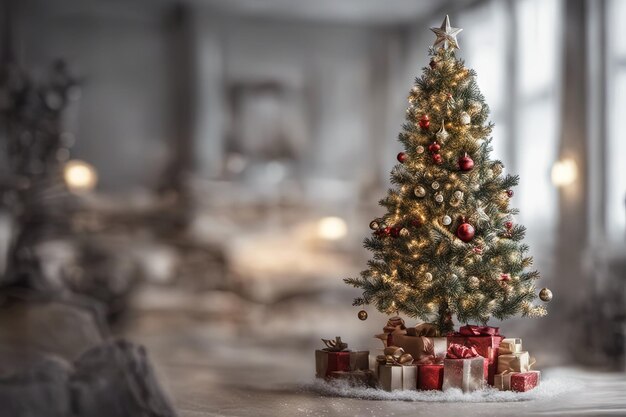 Photo d'un mini arbre de Noël avec des ornements dessus et des cadeaux en dessous pour Noël Bannière ou affiche de fond