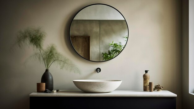 Une photo d'un miroir mural minimaliste avec un cadre minimal