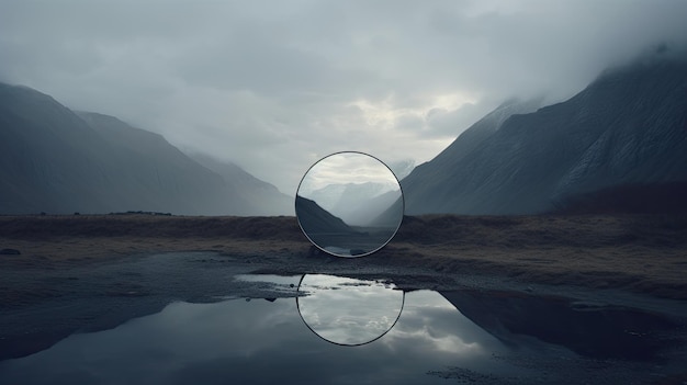 Une photo d'un miroir reflétant une lumière diffuse douce d'un paysage de montagne