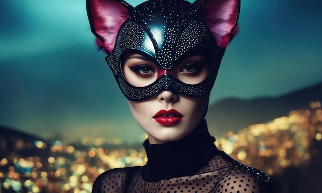 Une photo de mode d'une belle femme dans un masque de carnaval ai génératif ai génératif