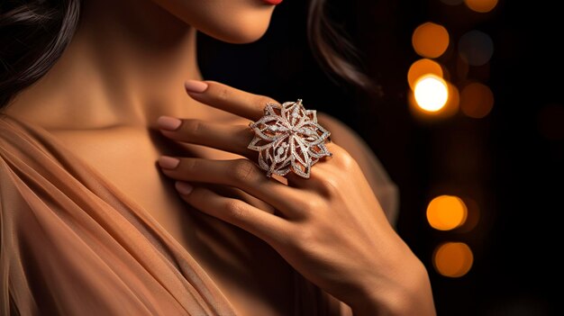 Une photo d'un modèle avec une superbe bague de cocktail