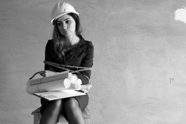 Photo Monochrome D'une Femme D'affaires Assise Sur Une Chaise Concept De Bourreau De Travail Associé