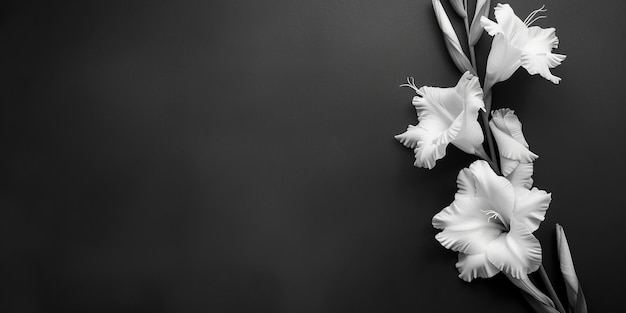 Photo photo monochrome de trois fleurs blanches sur fond noir copier l'espace