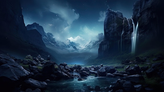 Une photo d'une montagne avec une cascade à l'envers du ciel nocturne étoilé