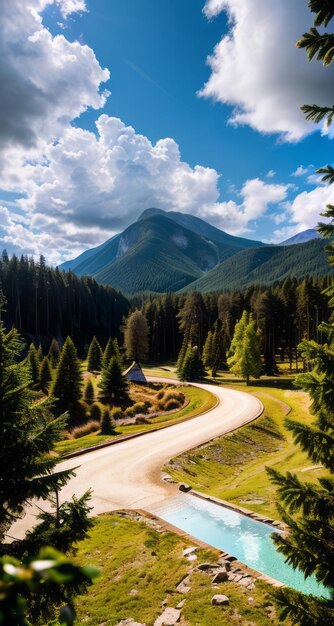 photo d'une montagne et d'un ciel bleu avec des nuages photographie de forêt