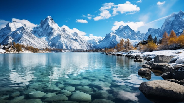 photo montagne de neige et ciel bleu