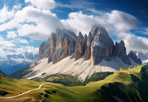 Photo photo de montagnes géantes avec une vallée verte et des prairies par une journée ensoleillée