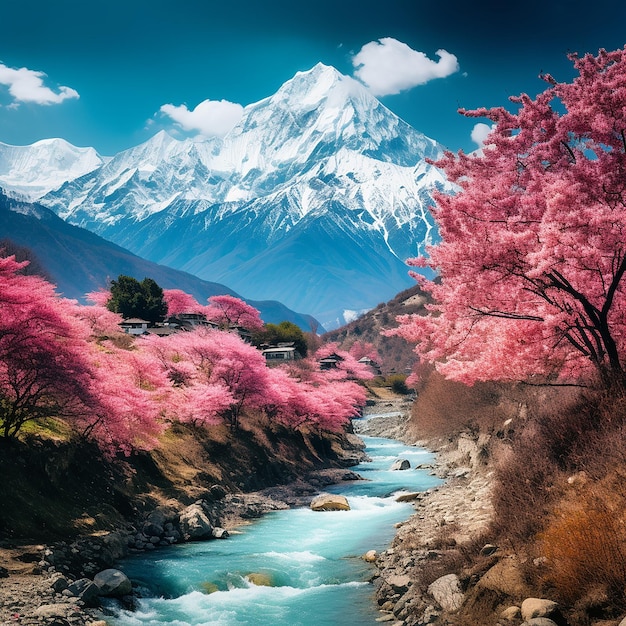Photo photo des montagnes de l'himalaya avec des cerisiers en fleurs