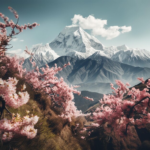 Photo photo des montagnes de l'himalaya avec des cerisiers en fleurs