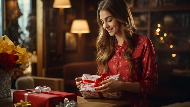 Une photo montrant la belle fille qui aide les clients à emballer des cadeaux