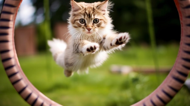 Une photo montrant un chat sautant avec confiance à travers un cerceau ou un anneau pendant l'entraînement