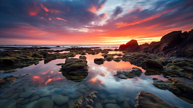 Une photo montrant les couleurs chaudes d'un coucher de soleil sur la plage reflétées sur la surface ondulée d'une piscine de marée