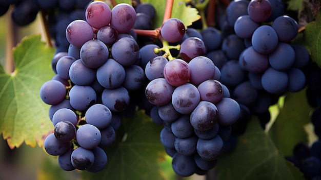 Une photo montrant un gros plan d'une grappe de raisin sur une vigne