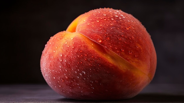 Une photo montrant un gros plan d'une nectarine mûre avec sa peau pelucheuse et sa chair juteuse