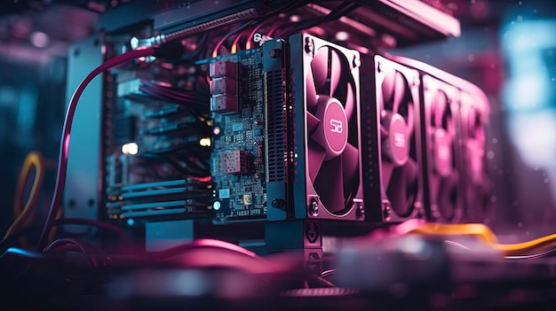 Une photo montrant un gros plan d'une tour d'ordinateur de bureau avec des câbles et des ventilateurs de refroidissement