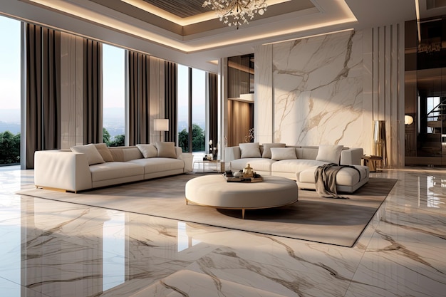 Une photo montrant un salon luxueux et spacieux avec un sol en marbre brillant