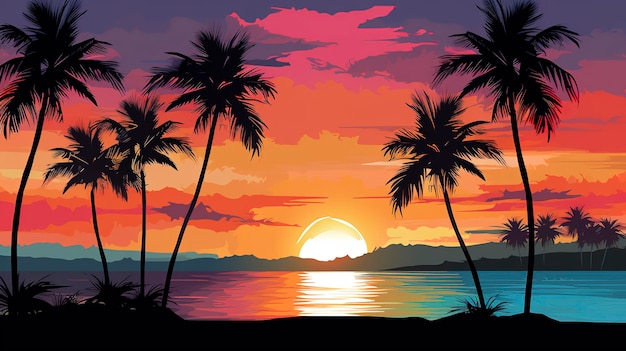 Une photo montrant les silhouettes de palmiers sur un coucher de soleil coloré sur la plage