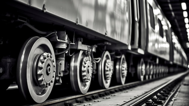 Une photo montrant les textures et les motifs des roues et du châssis d'un train moderne