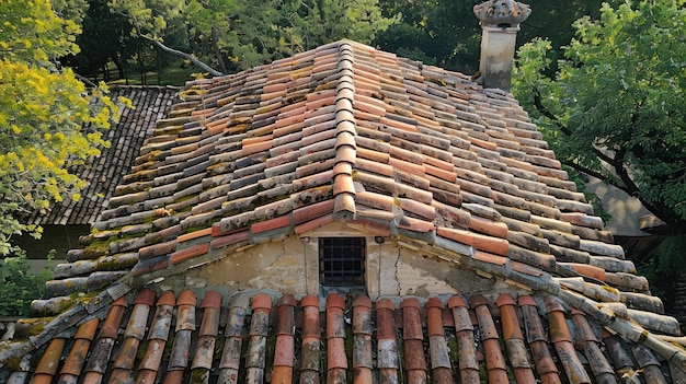 Une photo montrant un toit avec une petite fenêtre située au milieu du toit est ornée