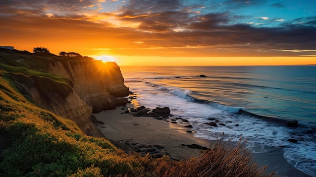 Une photo montrant la vue panoramique d'un coucher de soleil sur la plage encadré par des falaises côtières