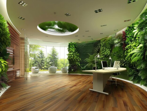 Photo la photo montre un bureau moderne avec beaucoup de plantes