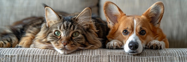 La photo montre deux chiens et un chat assis ensemble sur un canapé. Le chat tabby moelleux est assis au milieu tandis que les gentils chiens sont de chaque côté.