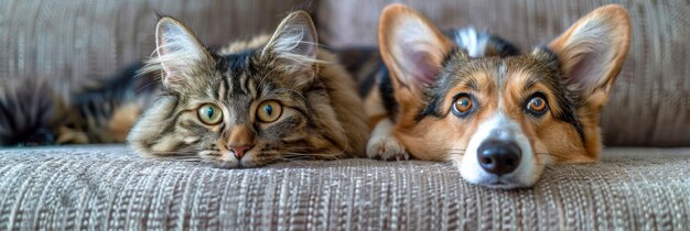 La photo montre deux chiens et un chat assis ensemble sur un canapé. Le chat tabby moelleux est assis au milieu tandis que les gentils chiens sont de chaque côté.