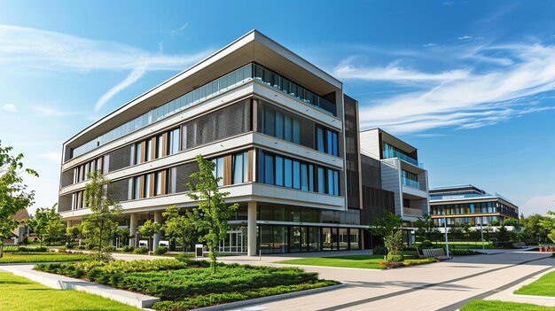 La photo montre un immeuble de bureaux moderne avec beaucoup de verre et d'acier. Le bâtiment est entouré d'arbres et a une pelouse verte en face.